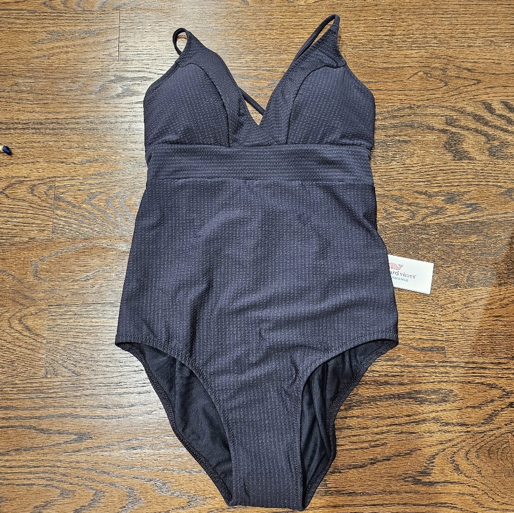 Vineyard Vines Seersucker Sconset One Piece Black Swimsuit Size Small
